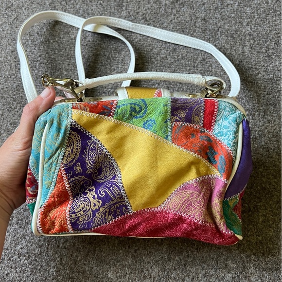 Vintage 90s Y2K Chateau Genuine Leather Patchwork Top Handle Crossbody Bag - Picture 4 of 15